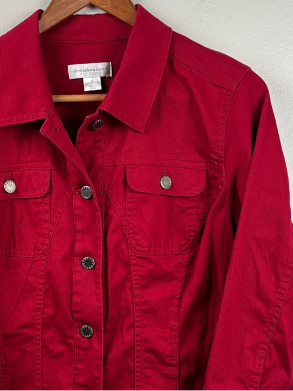 Christopher & Banks Deep Red Cotton Jean Jacket Medium button up classic 38” - Picture 7 of 9